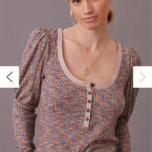 Anthropologie Puff-Sleeved Knit Henley Top women's size small